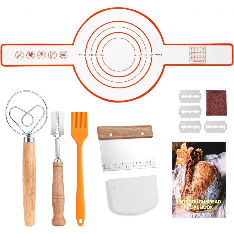 Danish Dough Whisk Set 7 Piece with Wooden Handle - Sourdough Baking Supplies Kit Includes Bread Whisk, Scoring Tool, Dough Scraper, Baking Mat & Pastry Brush - Top Gadgets for Bakers
