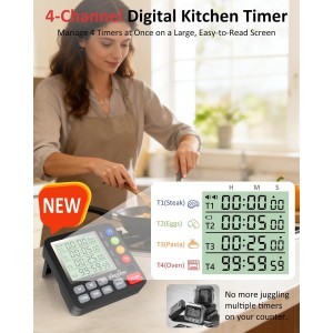 Digital Kitchen Timer for Cooking - 4 Channel Count Up Countdown Timer with Loud Alarm and Silent Mode, Large Display, Magnetic Back, Auto Memory for Classroom Study Gym, Battery Included (Black)