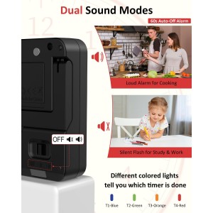 Digital Kitchen Timer for Cooking - 4 Channel Count Up Countdown Timer with Loud Alarm and Silent Mode, Large Display, Magnetic Back, Auto Memory for Classroom Study Gym, Battery Included (Black)