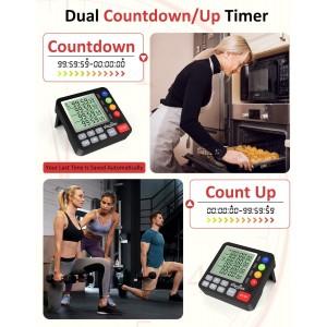 Digital Kitchen Timer for Cooking - 4 Channel Count Up Countdown Timer with Loud Alarm and Silent Mode, Large Display, Magnetic Back, Auto Memory for Classroom Study Gym, Battery Included (Black)