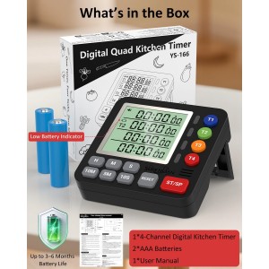 Digital Kitchen Timer for Cooking - 4 Channel Count Up Countdown Timer with Loud Alarm and Silent Mode, Large Display, Magnetic Back, Auto Memory for Classroom Study Gym, Battery Included (Black)