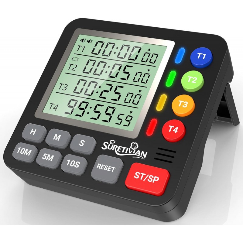 Digital Kitchen Timer for Cooking - 4 Channel Count Up Countdown Timer with Loud Alarm and Silent Mode, Large Display, Magnetic Back, Auto Memory for Classroom Study Gym, Battery Included (Black)