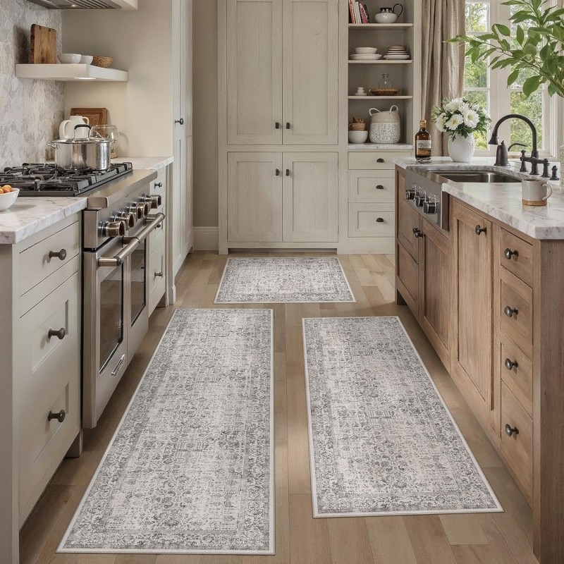 HUGEAR Grey Kitchen Rug Sets 3 Piece 20x32/20x48/20x59 Inch Vintage Distressed Entryway Washable Kitchen Mats Floor Carpet Non Slip Runner Rugs for Hallway Laundry Sink Bathroom