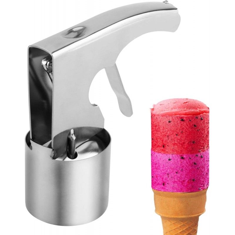 Ice Cream Scoop Stainless Steel, Old Fashioned Cylindrical Scooper with Spring-Powered Trigger Release, Big Volume for Hard Ice Cream, Mashed Potatoes, Easy to Clean