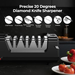 Electric Knife Sharpener, Precise 20° Diamond Knife Sharpener for Kitchen Knives, Quick Repairing in 40 Seconds, with Metal Dust Collection Box & Special Port for Scissors, Black