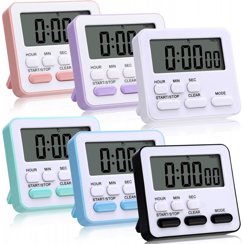 Leumoi 6 Pcs Digital Kitchen Timer 24 Hour Clock and Alarm Function Timer On/Off Switch Minute Second Count up Countdown Loud Alarm for Exercise Cook Baking