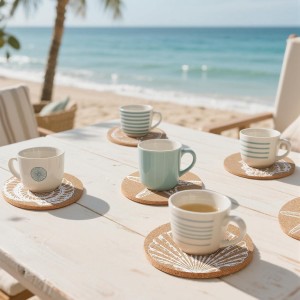 12 Pcs Coastal Coasters for Drinks Beach Cork Coasters Sea Shell Printed Round Absorbent Mat Coastal Decor Beach Theme Tropical Decor for Nautical Table Housewarming House Gifts