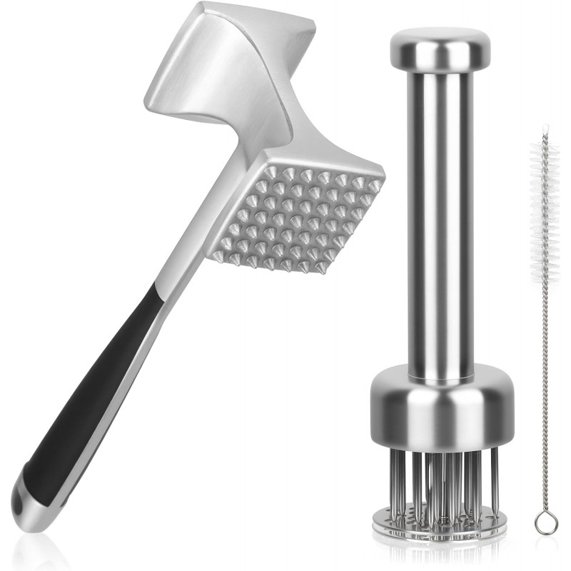 Stainless Steel Meat Tenderizer Tool Bulk, with 21 Needles Retractable Safety Guard, Heavy Duty Meat Hammer Tenderizer for Beef Steak Chicken Poultry, Mallet with Free Cleaning Brush