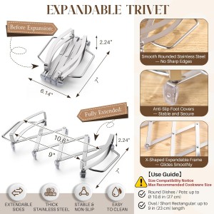 Expandable Trivet with Handles, Stainless Steel Hot Plate Holder with Upgraded Non-Slip Base, Expanding Trivet Holder for Dishes, Casserole, Hot or Cold Cookware(Up to 9