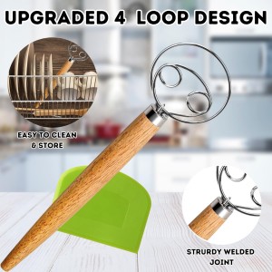 Danish Dough Whisk – Sourdough Mixing Tool with Dough Scraper. Danish Whisk for Baking, Mixing Thick Dough, Bread Making, Pastry, Cookies, Pizza, Batter & More