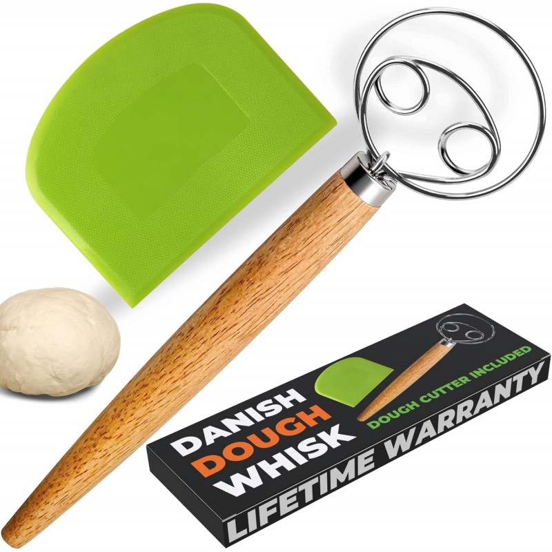 Danish Dough Whisk – Sourdough Mixing Tool with Dough Scraper. Danish Whisk for Baking, Mixing Thick Dough, Bread Making, Pastry, Cookies, Pizza, Batter & More