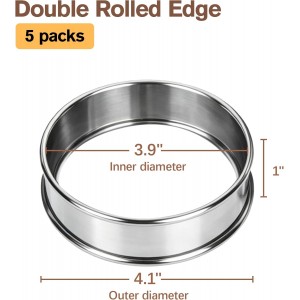 English Muffin Rings 4 Inch, Stainless Steel Crumpet Rings, Double Rolled Metal Rings Molds for Baking Cookie, Round Egg, Cake, Circles Tart Crust, Pancake, Hamurger Bun, Pastry Dessert Food
