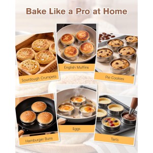 English Muffin Rings 4 Inch, Stainless Steel Crumpet Rings, Double Rolled Metal Rings Molds for Baking Cookie, Round Egg, Cake, Circles Tart Crust, Pancake, Hamurger Bun, Pastry Dessert Food