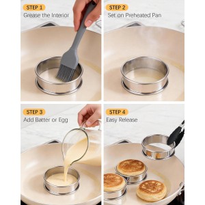 English Muffin Rings 4 Inch, Stainless Steel Crumpet Rings, Double Rolled Metal Rings Molds for Baking Cookie, Round Egg, Cake, Circles Tart Crust, Pancake, Hamurger Bun, Pastry Dessert Food