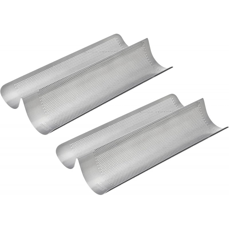 Chicago Metallic Set of 2 Perforated French Bread Pan - Non-Stick Baguette Pan For Baking Crisp, Golden-Brown Crust - Heavy-Duty Aluminum Bread Baking Tool (16