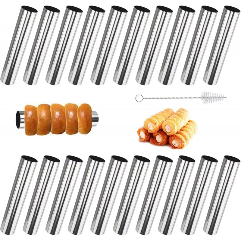 Cream Horn Molds Stainless Steel, Cannoli Tubes Kit Pack of 20 Baking Cones Pastry Roll Horn Croissant Mold with Brush