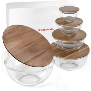 Set of 5 Nesting Glass Bowls with New Updated Acacia Lids for Foodprep, Storage, Mixing & Cooking - Microwave & Oven-ready BPA Free Durable Heat Resistant Inert Borosilicate Glass