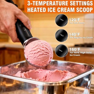 Heated Ice Cream Scoop Rechargeable, Electric Ice Cream Scooper with 3-Temp Settings, LED Display & IPX7 Waterproof, Ergonomic Silicone Handle, House Warming Gifts for Women Men Friend (Black)