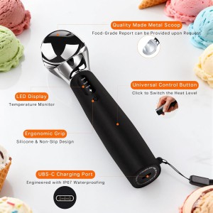 Heated Ice Cream Scoop Rechargeable with 3 Heat Levels 120–160°F, LED Display, 2600mAh Battery, Waterproof Metal Ice Cream Scoop for Hard Ice Cream & Desserts
