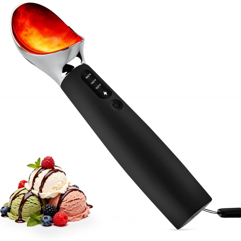 Heated Ice Cream Scoop Rechargeable with 3 Heat Levels 120–160°F, LED Display, 2600mAh Battery, Waterproof Metal Ice Cream Scoop for Hard Ice Cream & Desserts