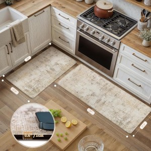 Kitchen Mats for Floor Set of 2 Anti Fatigue Waterproof Kitchen Rug Beige Grey Abstract Cushioned Non-Slip Kitchen Mats Comfort Standing Neutral Mat for Sink Laundry Office 17.3