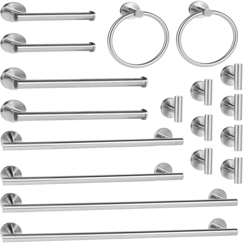 18 Piece Brushed Nickel Bathroom Hardware Set, Towel bar Set Include 24 inch Silver Towel bar, Bathroom Towel Rack, Towel Ring, Toilet Paper Holder, Towel Hook, Bathroom Accessories Set