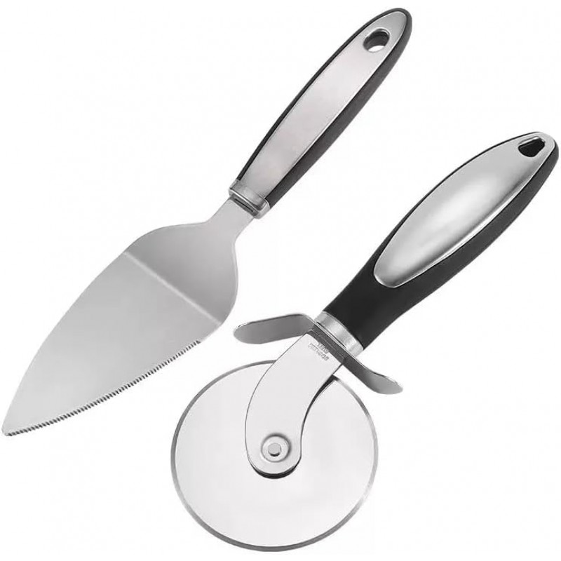 Classic Stainless Steel Pizza Wheel Cutter Server Set Pizza Cutter Pie Slicer Spatula with Safety Sharp Blade & Comfort Grip for Cutting Pies Through Crusts and More (Black)