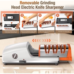 Replaceable Sharpener Electric Knife Sharpener, 3-Stage with 100% Diamond Abrasives & Precision Angle Guides, Kitchen Knife Sharpener with Sharpening and Polishing Function