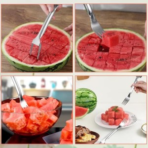 Watermelon Cutter, 2-in-1 Stainless Steel Fruit Cutter, Dual Head Watermelon Fork Slicer Tool, Summer Fruit Cutting Kitchen Gadget for Home (1PCS)