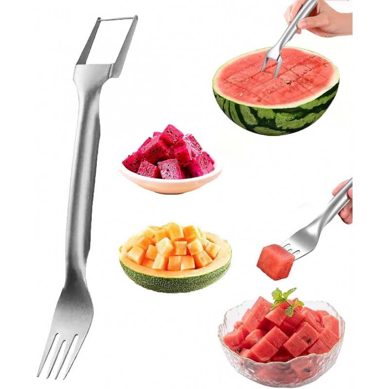 Watermelon Cutter, 2-in-1 Stainless Steel Fruit Cutter, Dual Head Watermelon Fork Slicer Tool, Summer Fruit Cutting Kitchen Gadget for Home (1PCS)