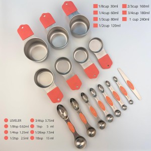 Stainless steel 304 measuring cup and spoon magnetic silicone handle, girl pink, 15-piece set, measuring tools, 7 stainless steel measuring cups, 8 double-sided measuring spoons with scales