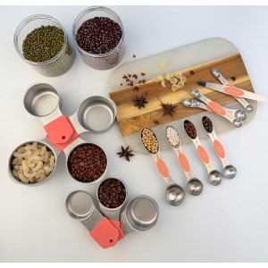 Stainless steel 304 measuring cup and spoon magnetic silicone handle, girl pink, 15-piece set, measuring tools, 7 stainless steel measuring cups, 8 double-sided measuring spoons with scales