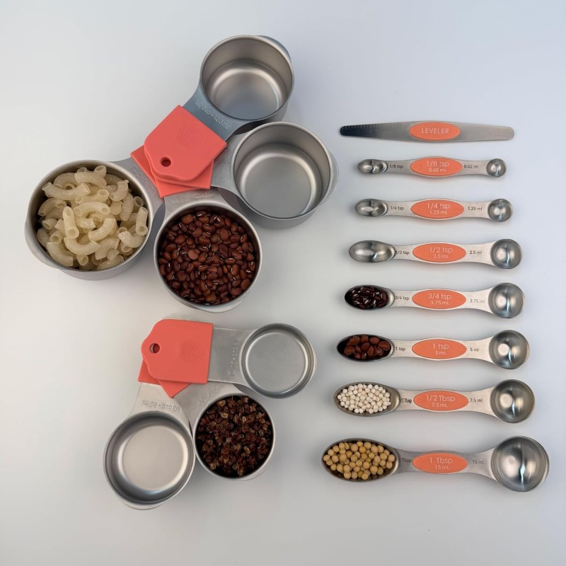 Stainless steel 304 measuring cup and spoon magnetic silicone handle, girl pink, 15-piece set, measuring tools, 7 stainless steel measuring cups, 8 double-sided measuring spoons with scales