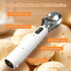 Heated Ice Cream Scoop - 3-Speed Electric Warming Scooper, Rechargeable USB-C Fast Charge with LED Display, IP67 Waterproof Head for Hard Ice Cream/Gelato, Easy to Clean - White