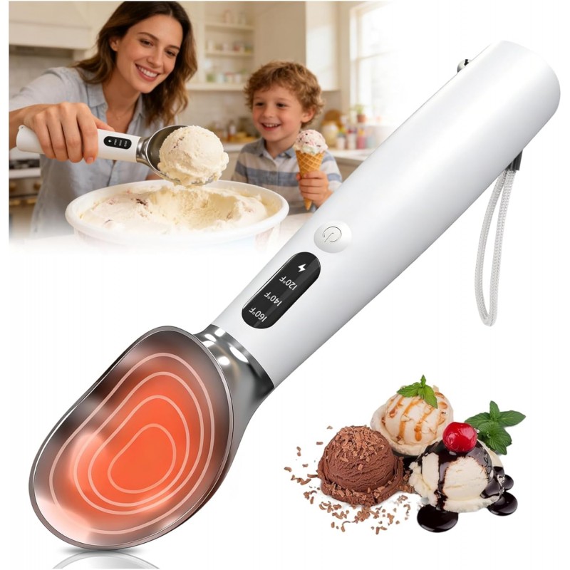Heated Ice Cream Scoop - 3-Speed Electric Warming Scooper, Rechargeable USB-C Fast Charge with LED Display, IP67 Waterproof Head for Hard Ice Cream/Gelato, Easy to Clean - White