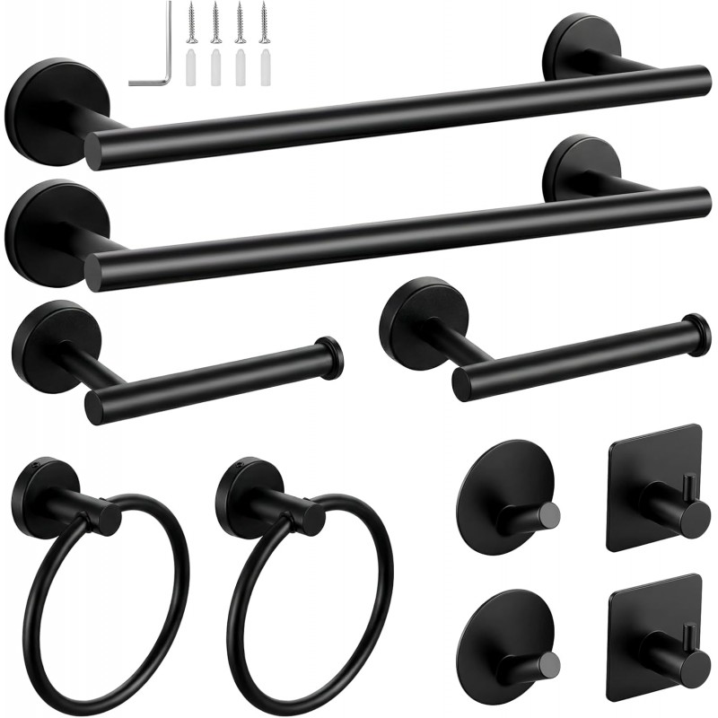 10-Pieces Matte Black Bathroom Accessories Set, 16 Inch Bath Towel Bar Set, SUS 304 Stainless Steel Hardware Set, Towel Racks, Hand Towel Holder, Black Shower Sets for Bathroom Decor Wall Mounted