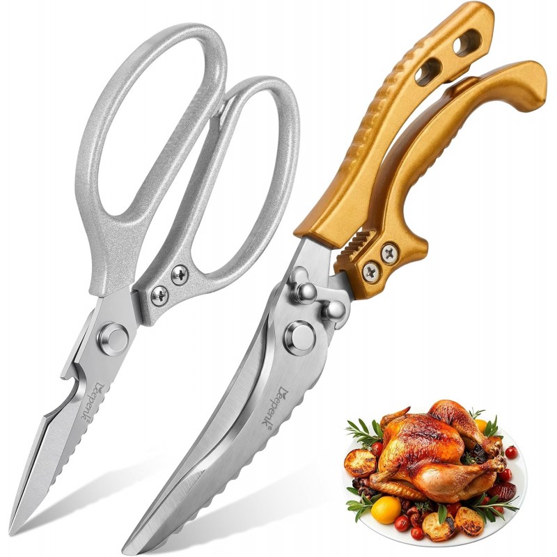 LEEPENK Kitchen Scissors All Purpose 2 Packs,Stainless Steel Kitchen Shear Dishwasher Safe,Heavy Duty Poultry Shears with Non-Slip Handle & Safety Lock,Cooking Scissor for Food
