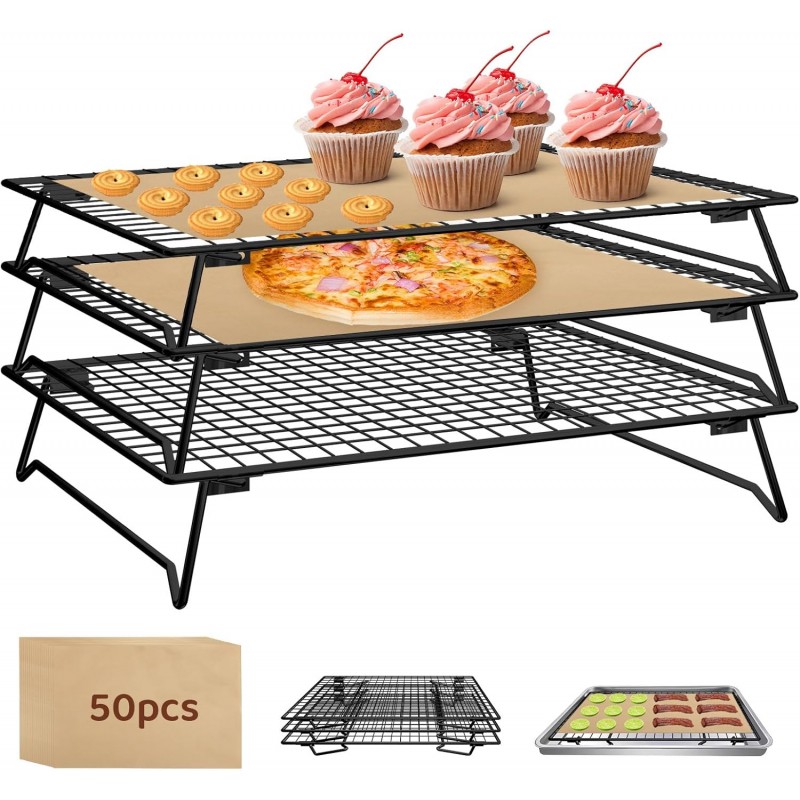 3 Tier Stackable Cooling Rack for Cooking and Baking, Wire Rack for Baking Sheet w/50 Parchment Papers, 13.4