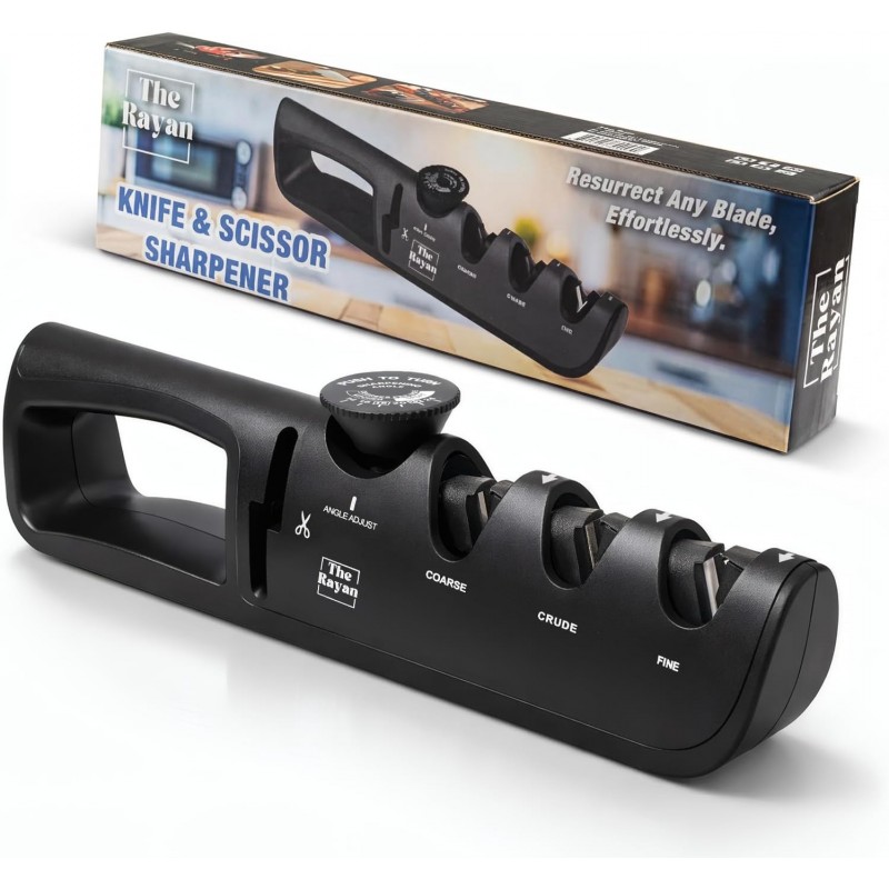 Knife Sharpener, 4-in-1 with Non-Slip Base and Adjustable Angle Guide, Perfect for Fruit Knives, Steel Knives & Scissors, Repair, Restore & Polish Blade (Black)