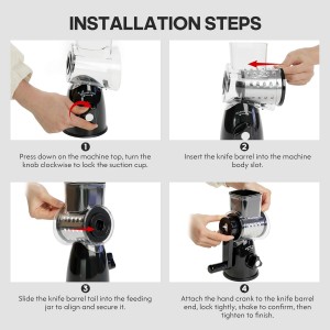 Rotary Cheese Grater 3-in-1 and Shredder with Hand Crank - for Cheese, Vegetables & Nuts, Non-Slip Suction Cup Base, Food Grade, Black