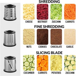 Rotary Cheese Grater 3-in-1 and Shredder with Hand Crank - for Cheese, Vegetables & Nuts, Non-Slip Suction Cup Base, Food Grade, Black