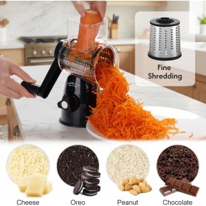 Rotary Cheese Grater 3-in-1 and Shredder with Hand Crank - for Cheese, Vegetables & Nuts, Non-Slip Suction Cup Base, Food Grade, Black