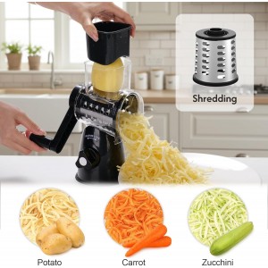 Rotary Cheese Grater 3-in-1 and Shredder with Hand Crank - for Cheese, Vegetables & Nuts, Non-Slip Suction Cup Base, Food Grade, Black