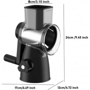 Rotary Cheese Grater 3-in-1 and Shredder with Hand Crank - for Cheese, Vegetables & Nuts, Non-Slip Suction Cup Base, Food Grade, Black