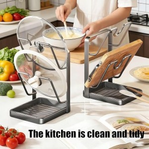Kitchen Pot Lid Organizer - Stainless Steel Pot Lid Holder While Cooking & Spoon Rest with Removable Drip Tray for Countertop