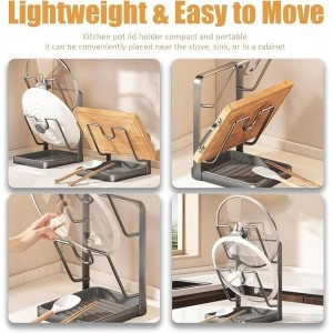 Kitchen Pot Lid Organizer - Stainless Steel Pot Lid Holder While Cooking & Spoon Rest with Removable Drip Tray for Countertop