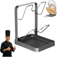 Kitchen Pot Lid Organizer - Stainless Steel Pot Lid Holder While Cooking & Spoon Rest with Removable Drip Tray for Countertop