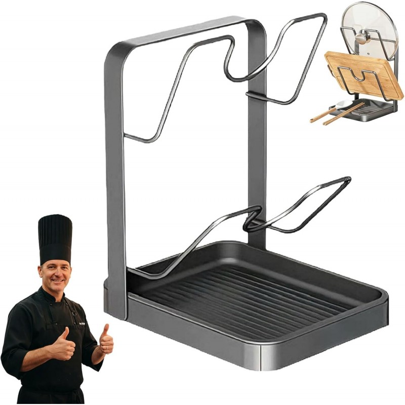 Kitchen Pot Lid Organizer - Stainless Steel Pot Lid Holder While Cooking & Spoon Rest with Removable Drip Tray for Countertop