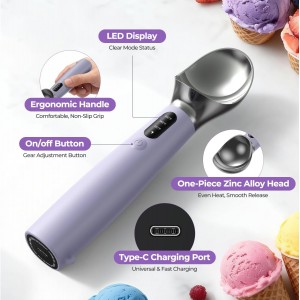 Heated Ice Cream Scoop with On/Off Switch, Electric Ice Cream Scooper for Hardened Ice Cream, Gelato, Sorbet, Melon, Waterproof IPX7, Handheld Heating Up to 160°F, Rechargeable with LED Display,Purple