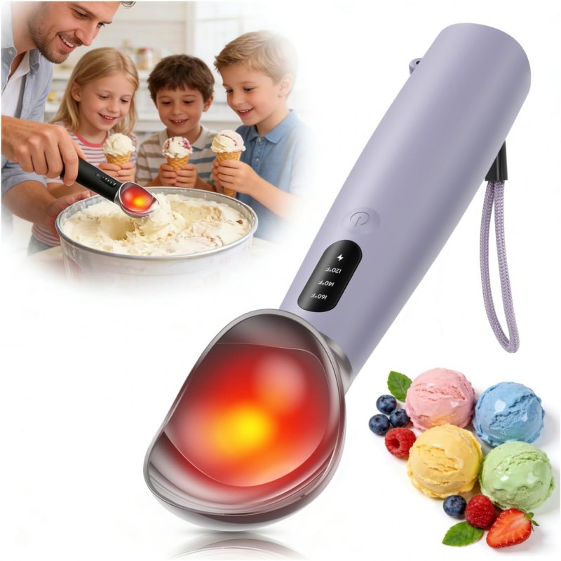 Heated Ice Cream Scoop with On/Off Switch, Electric Ice Cream Scooper for Hardened Ice Cream, Gelato, Sorbet, Melon, Waterproof IPX7, Handheld Heating Up to 160°F, Rechargeable with LED Display,Purple